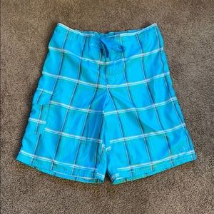 OP aqua blue plaid swim trunks board shorts size M